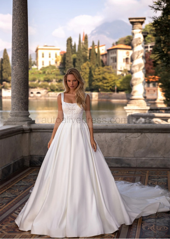 Square Neck Beaded Ivory Lace Satin Royal Wedding Dress Square Neck Beaded Ivory Lace Satin Royal Wedding Dress